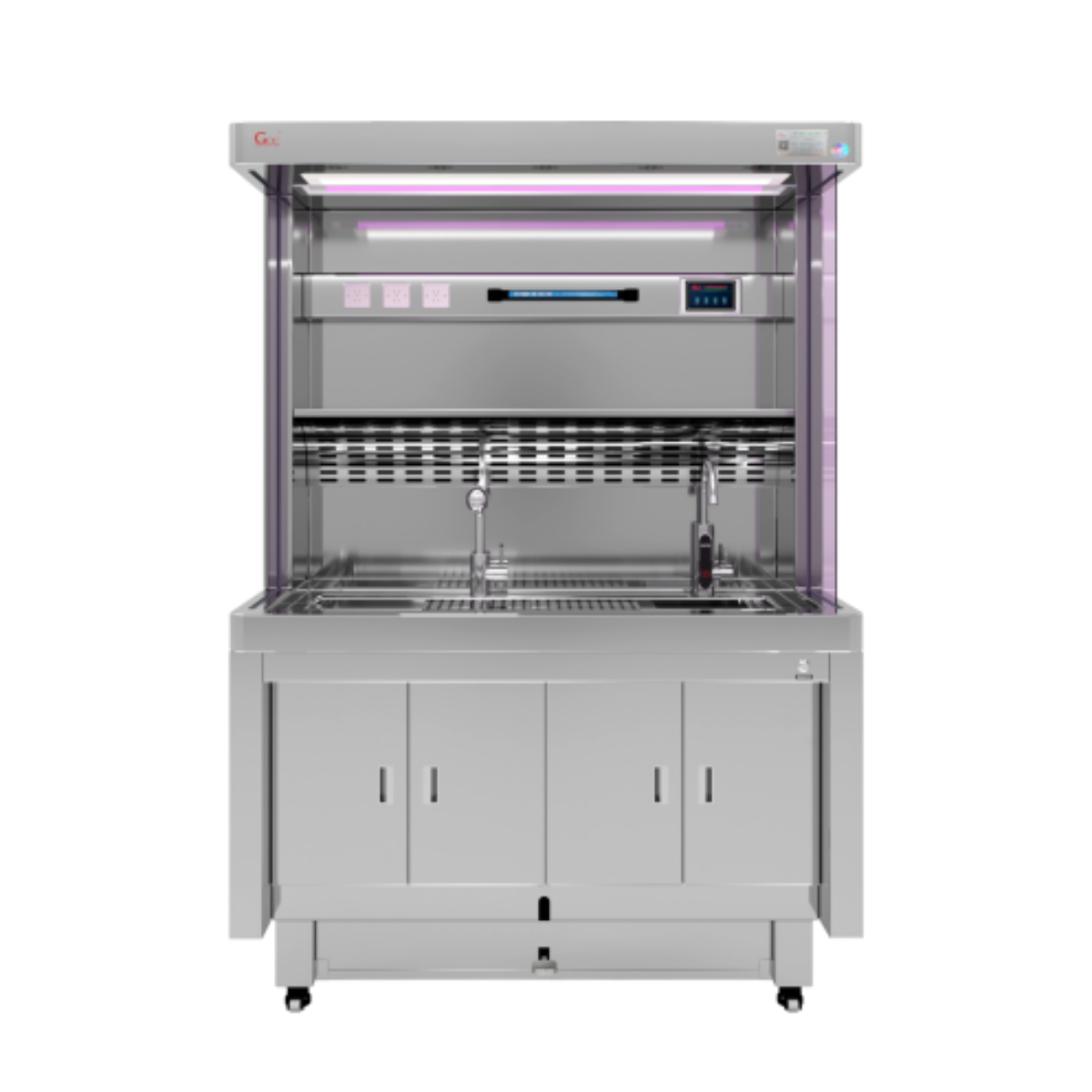 A modern stainless-steel pathology grossing station with a downward draft ventilation system. The workstation features a spacious, seamless work surface with an integrated sink and a drip tray. At the front, a transparent adjustable air flow screen protects the user. The design is sleek, professional, and easy to clean, highlighting its use for safe and efficient tissue dissection in a laboratory setting.