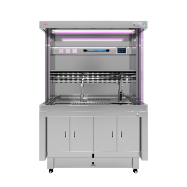 304 Stainless Steel Grossing Station with dual-side tempered glass, UV sterilization, adjustable height, and formalin filling system