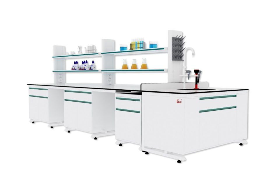 Multi-functional Integrated Central Laboratory Bench with ultrasonic cleaning system, electric height adjustment, emergency eye wash station, and modular partitions in modern pathology laboratory setting