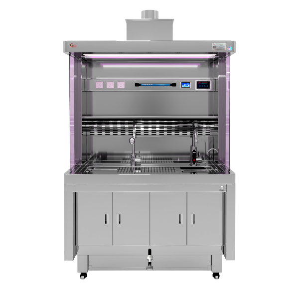 Grossing Station with dual-side tempered glass windows, UV sterilization, and adjustable height