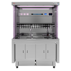 Grossing Station with dual-side tempered glass, UV sterilization, and adjustable height