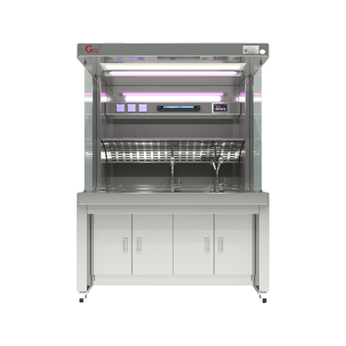 A modern pathology grossing station with a stainless-steel work surface enclosed by a glass safety sash. The station is actively operating, showing its laminar airflow system that creates a downward stream of HEPA-filtered air to protect the user from hazardous aerosols and chemical vapors during tissue specimen dissection.