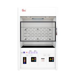 Pathologist working safely with chemical reagents inside a modern pathology laboratory fume hood