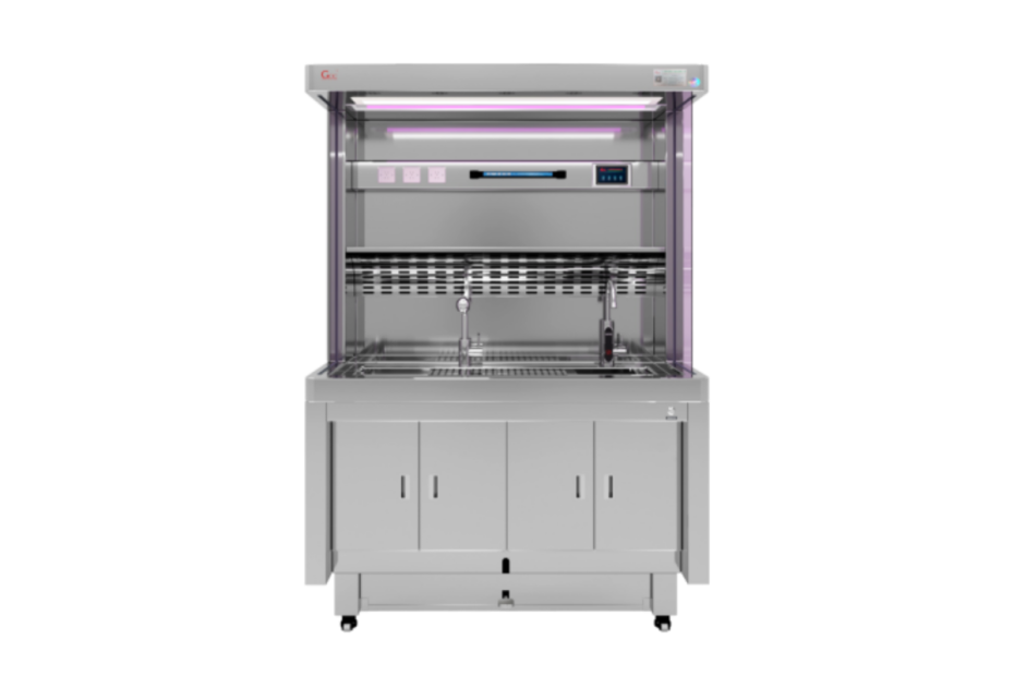 Professional modern pathology grossing station with integrated fume extraction system, digital display, and ergonomic adjustable workstation