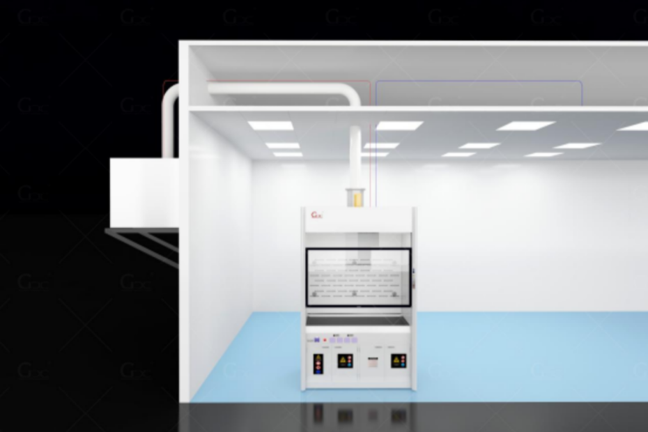 Fume hood installation process in a laboratory with technicians positioning the cabinet.