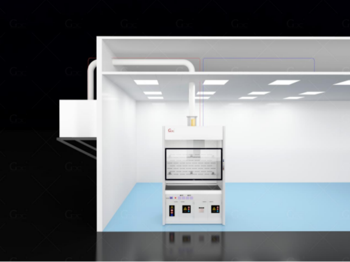 Fume hood in laboratory with directional airflow and HEPA filtration for chemical safety