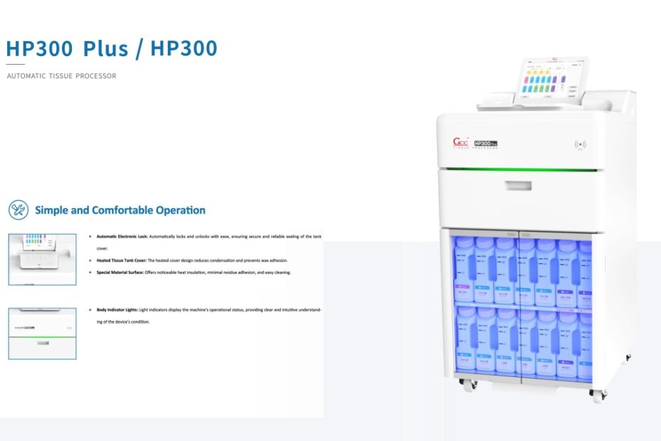 Automated Tissue Processor with touchscreen interface, heated cover, and indicator lights for clear operational status, shown in a laboratory environment.