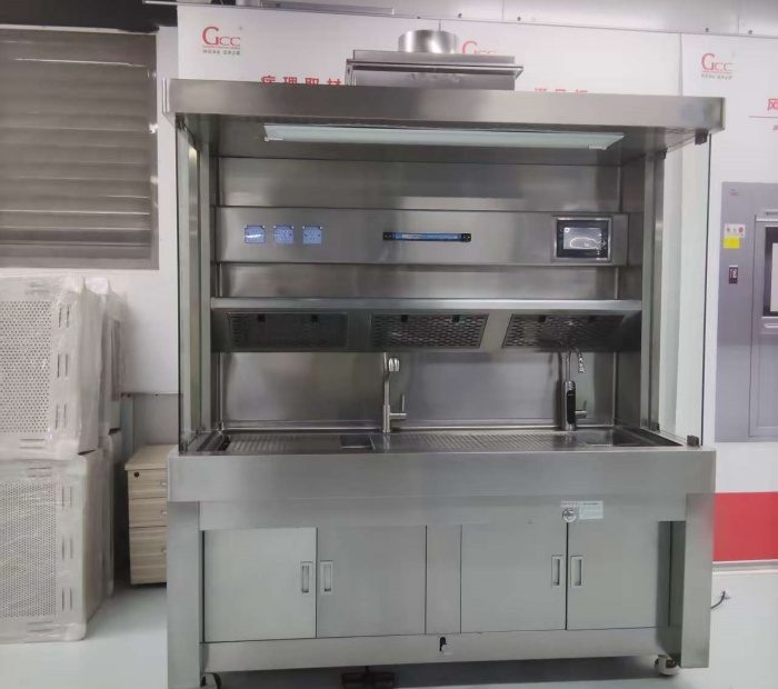 Pathology grossing station designed for anatomy and pathology laboratories with ergonomic layout and corrosion-resistant work surface