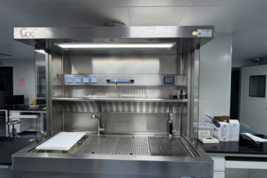 Pathology grossing station with stainless steel worktop and integrated drainage system