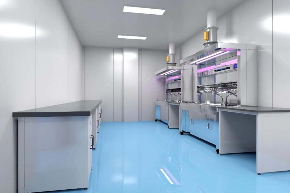 Modern stainless steel pathology grossing station with downdraft ventilation system for formaldehyde extraction in a histopathology laboratory