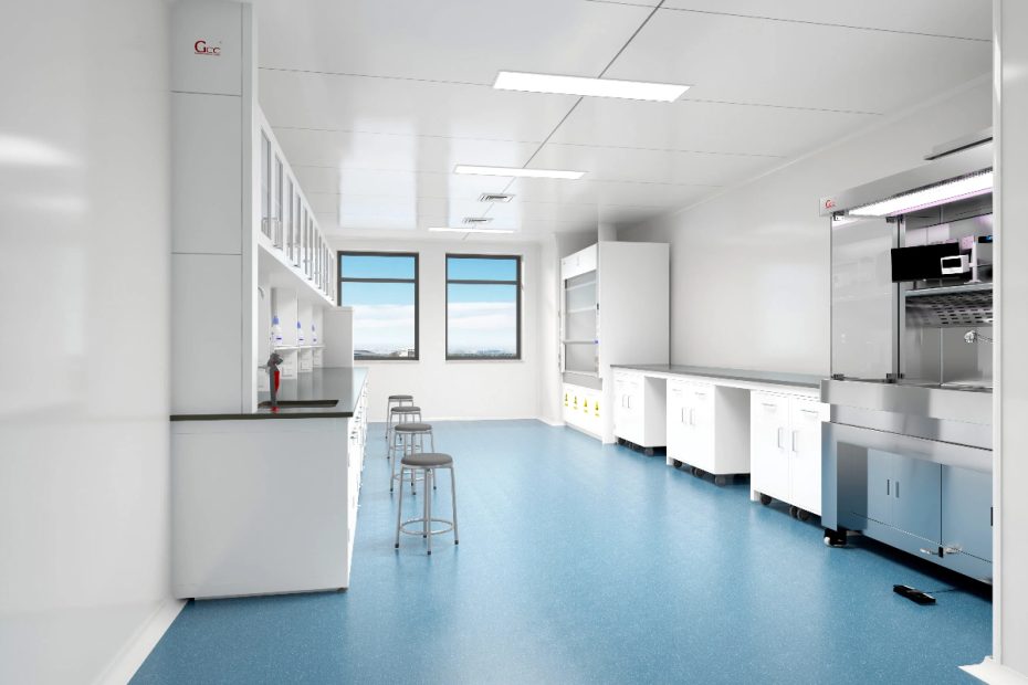 Modern pathology grossing station with downdraft ventilation and stainless steel work surface in a histopathology laboratory