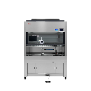 Advanced pathology grossing station with formalin control system, laminar airflow, touchscreen control, and stainless steel workspace