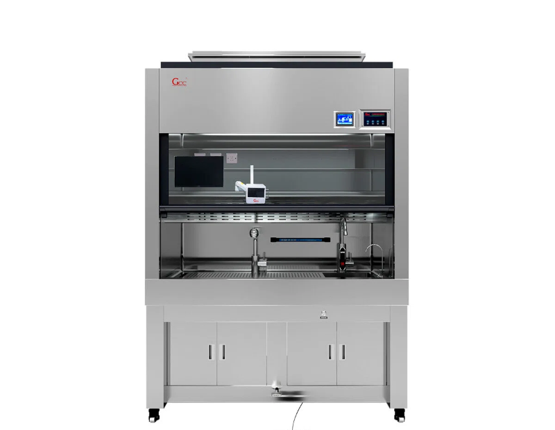 Advanced pathology grossing station with formalin control system, laminar airflow, touchscreen control, and stainless steel workspace