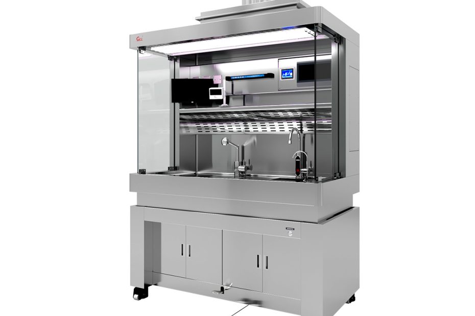Pathology grossing station with downdraft ventilation system and stainless steel work surface for specimen examination