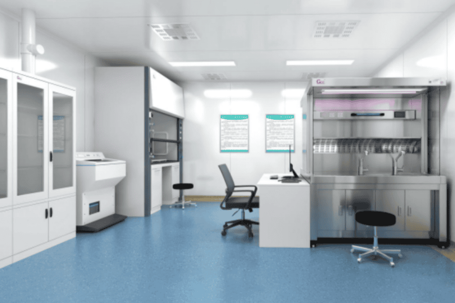 Pathology laboratory setup workflow showing assessment, layout planning, equipment listing, sourcing, and commissioning phases.