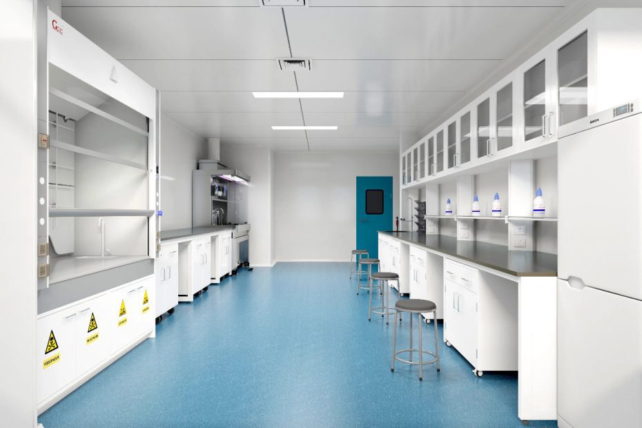 Pathology laboratory ventilation requirements showing air changes per hour, pressure control, and exhaust systems for grossing, processing, staining, and microscopy areas.