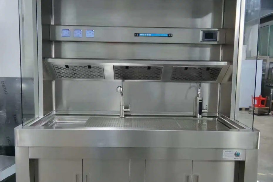 Pathology grossing station touchscreen control panel for ventilation, UV sterilization, and LED lighting management